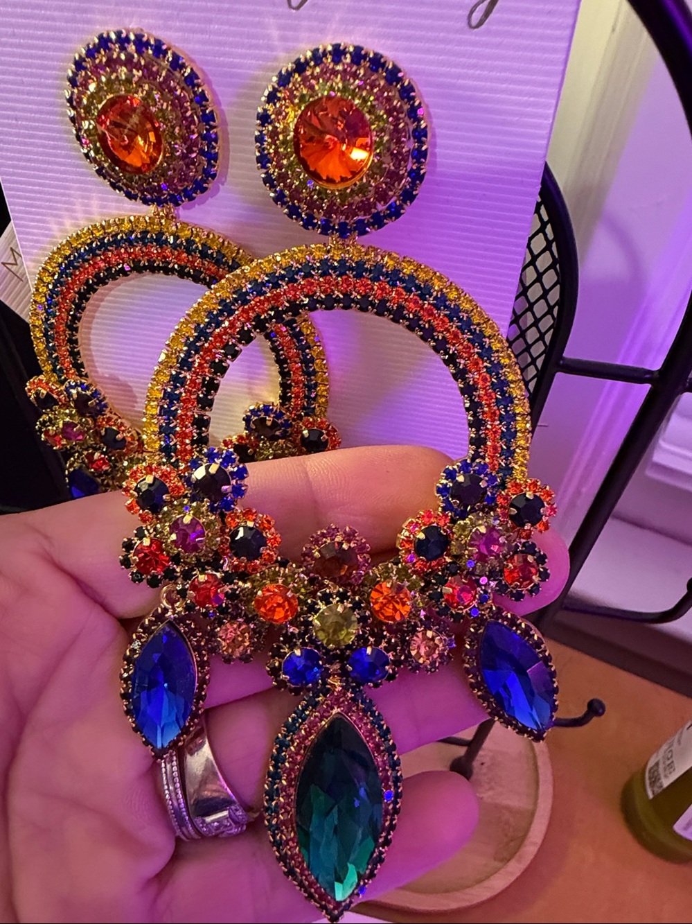 Statement Multicolor Crystal Hoop Earrings - Gold Tone - Picture 3 of 3